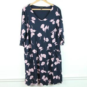 J. Jill Wearever Collection Navy Blue Pink Floral Pocket Dress Jersey Knit M